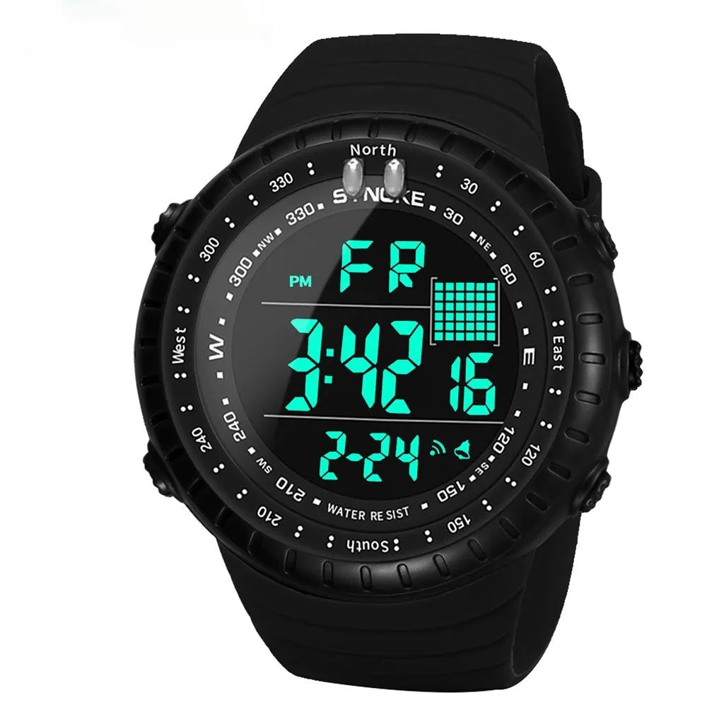 Black waterproof outdoor electronic watch with digital display and adjustable PU strap
