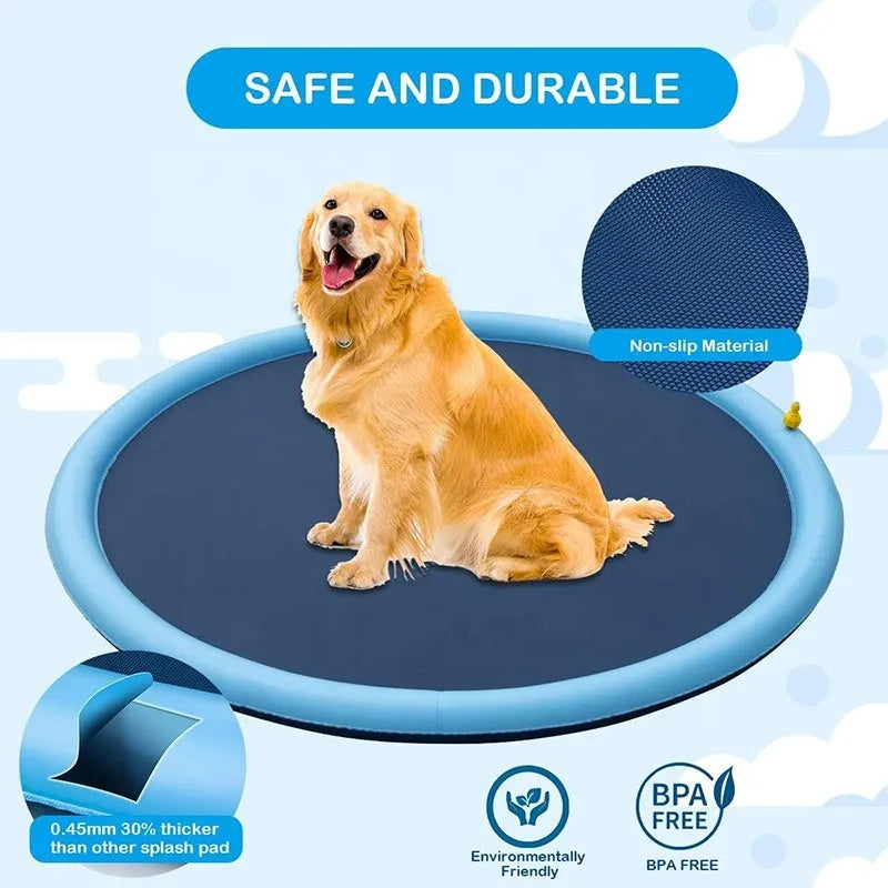 Large blue anti-slip dog splash pad filled with water in a garden, with a dog playing on it.
