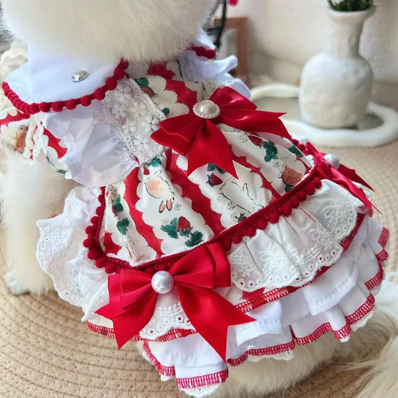 Rabbit skirt princess style dog dress in polyester fabric shown on small dog