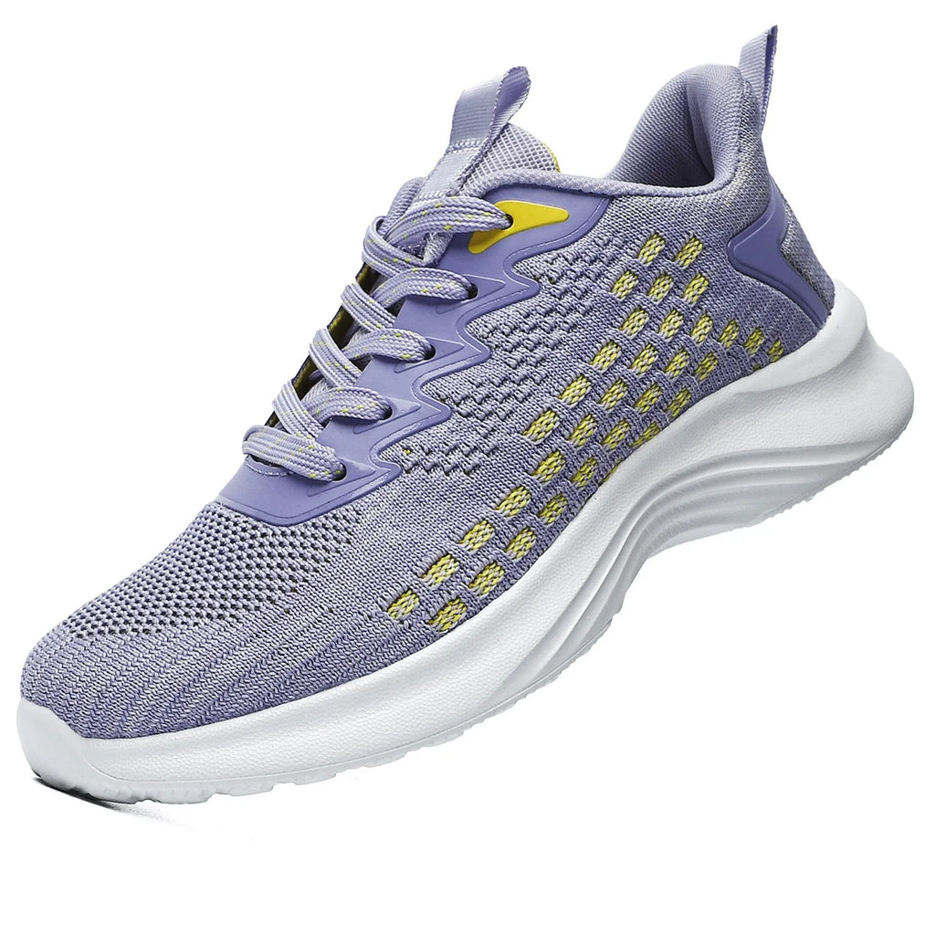 Women's lavender purple Flyknit running shoes with mesh lining and EVA sole on a white background.