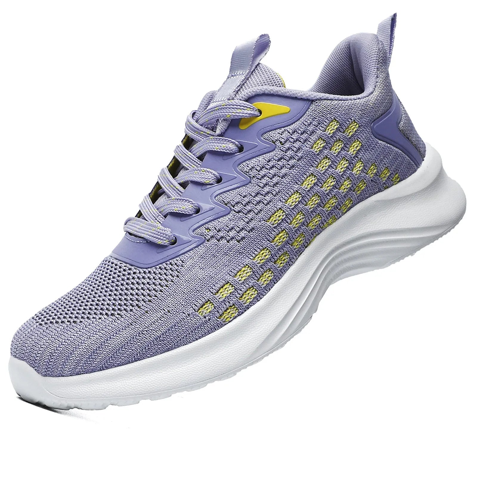 Women's lavender purple Flyknit running shoes with mesh lining and EVA sole on a white background.