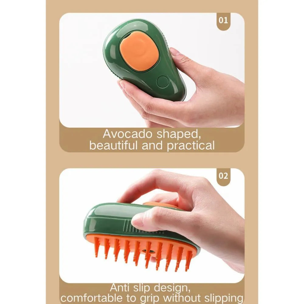 Green and white rechargeable cat steam brush with silicone teeth, shown with water spray function.