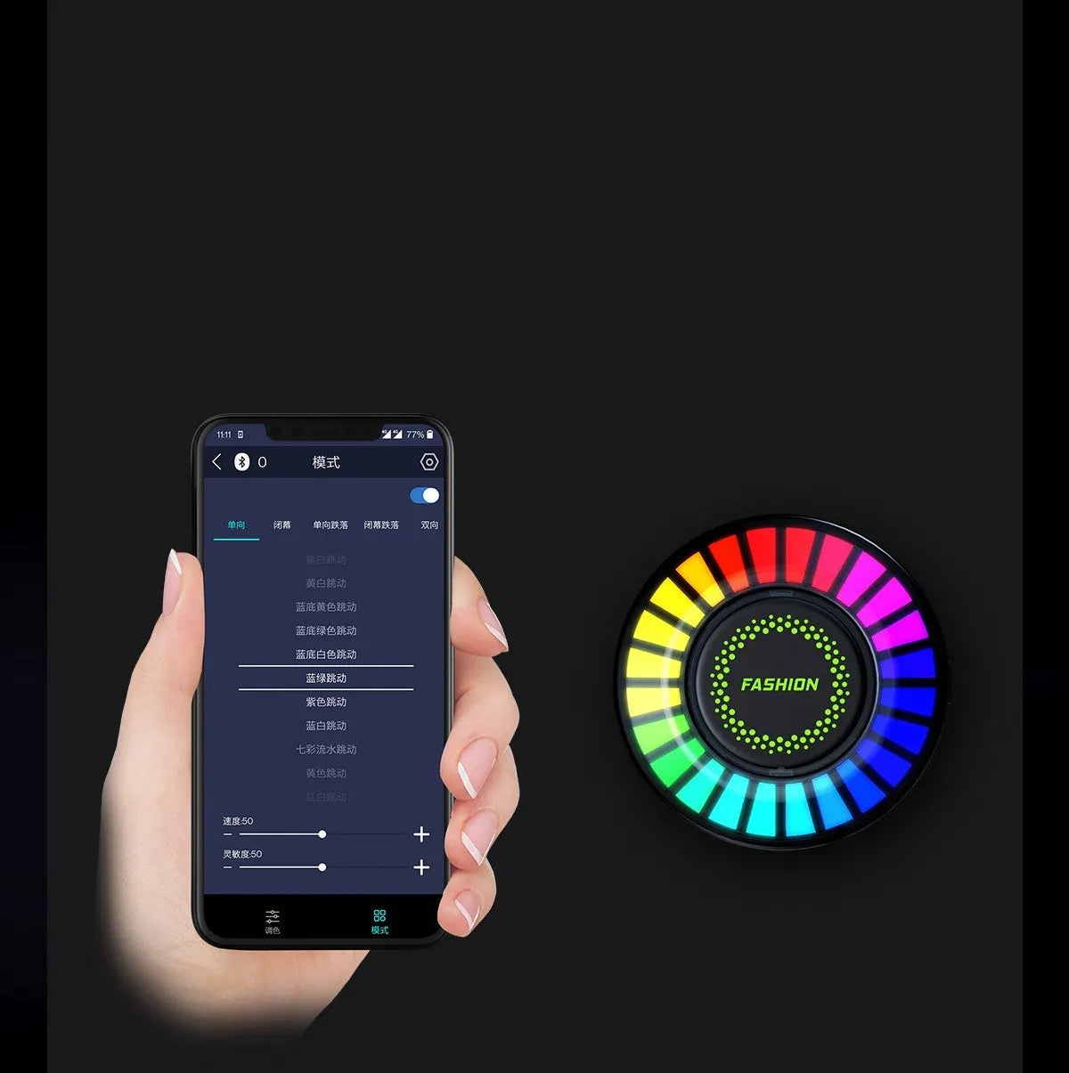 3D RGB car atmosphere light mounted on a car air vent, showing voice control and aromatherapy functions.