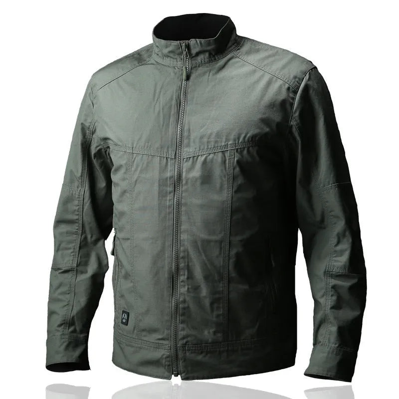 Men's brown tactical fashion jacket with wear-resistant polyester construction on a mannequin.
