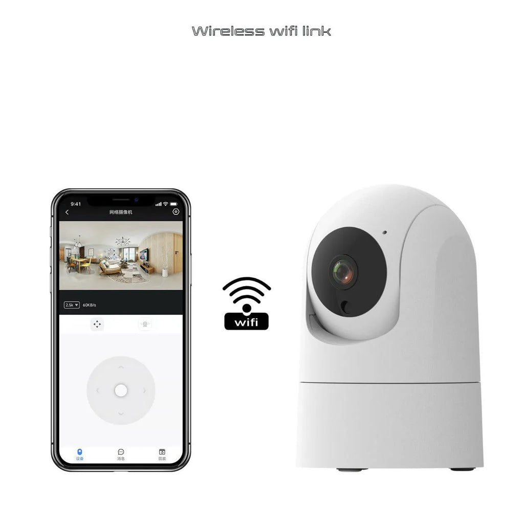 White indoor security camera with pan/tilt mechanism on stand showing front lens and microphone