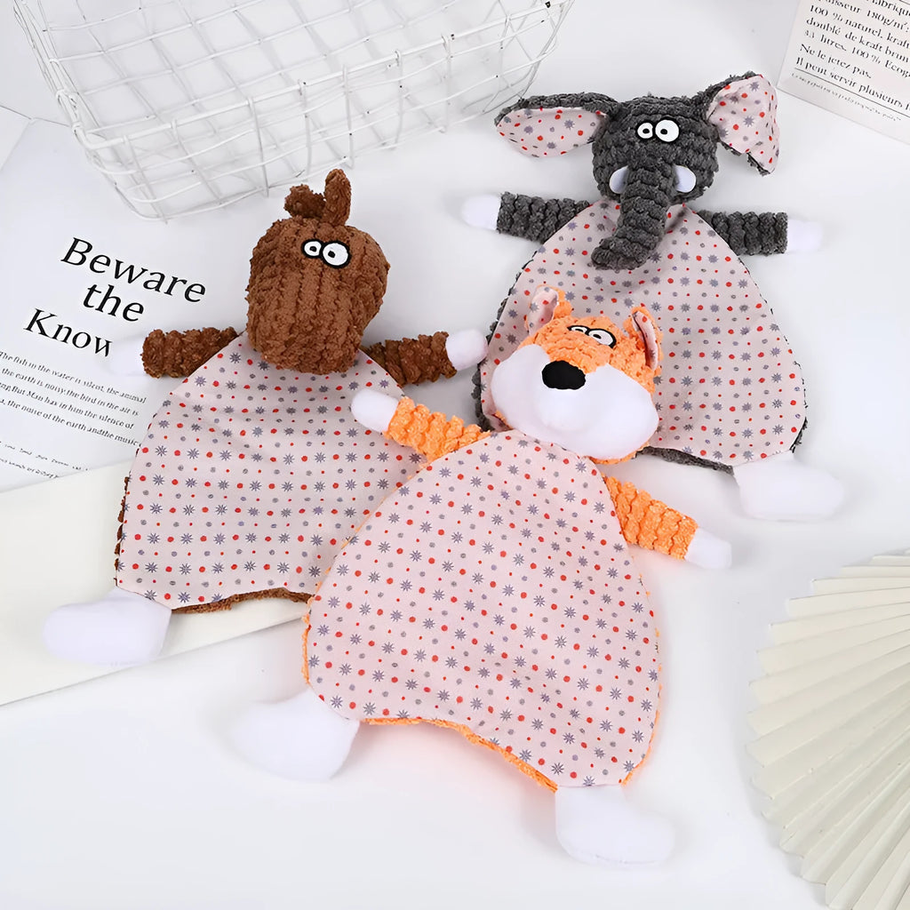 Brown, grey, and orange velvet pet stuffed toys in fox and elephant designs with crinkle sound paper inside.