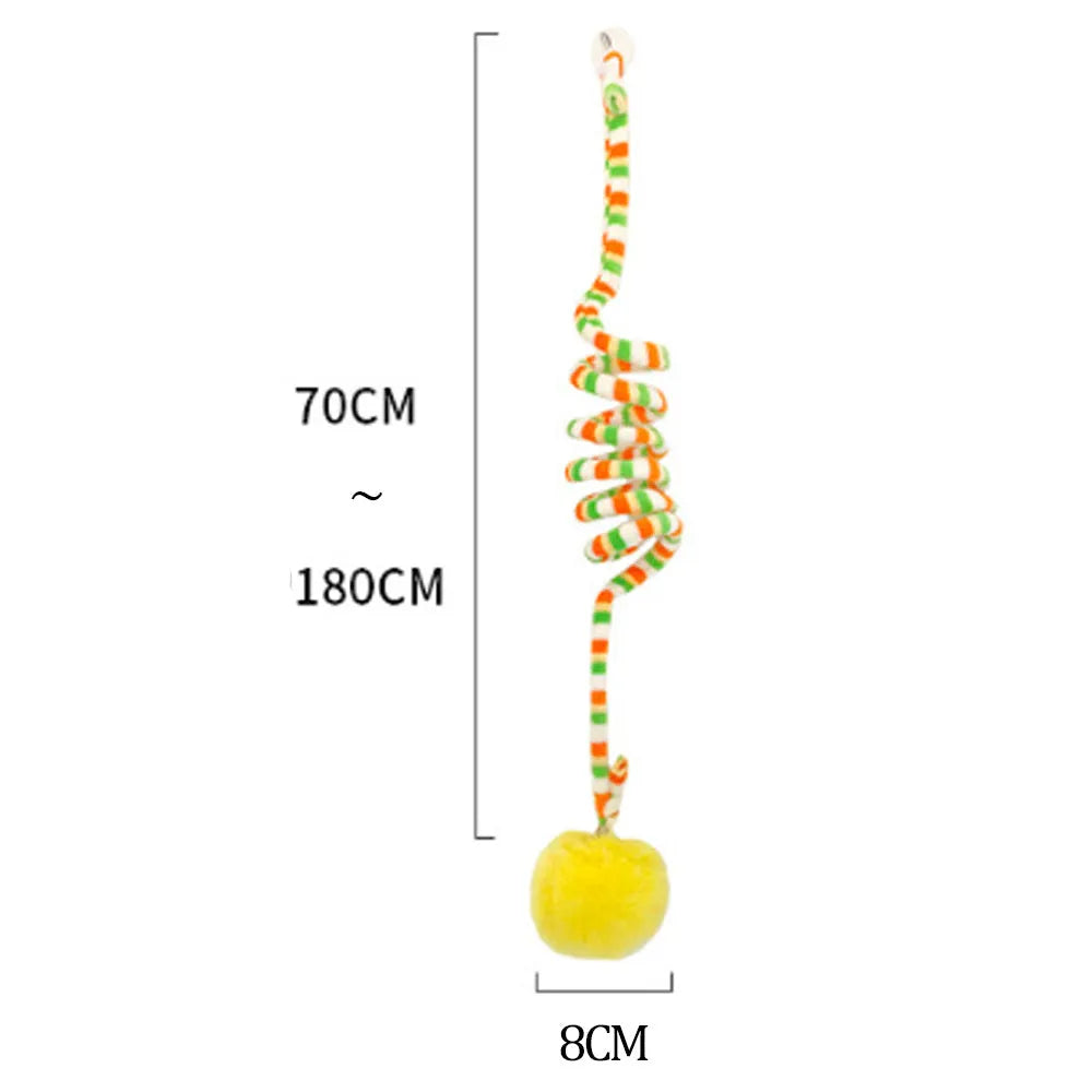 Hanging cat toy with coloured bell stick and inflatable ball attached by suction cup to a door