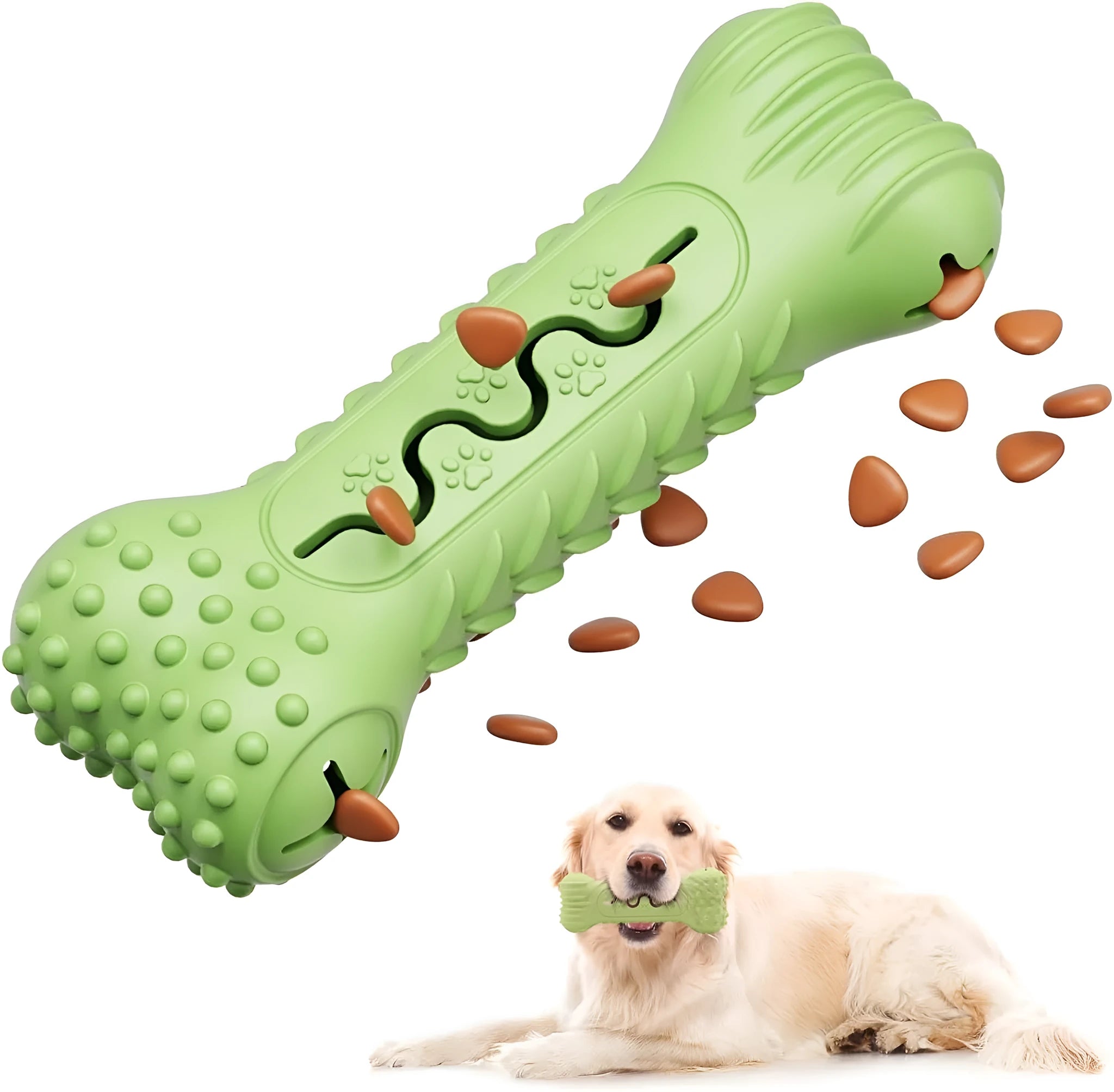 Blue bone-shaped natural rubber dog chew toy for aggressive chewers with teeth cleaning surface