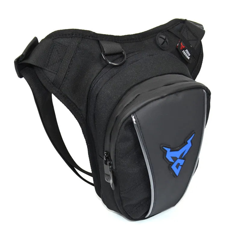 0105MC motorcycle leg bag in 1200D Oxford cloth shown in red, blue, green, and grey colour options