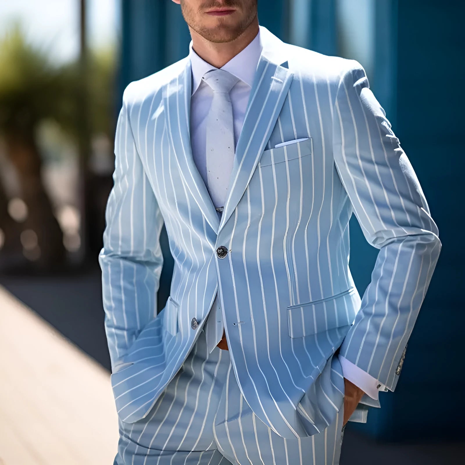 Blue British-style men's suit jacket with white buttons and double-button front