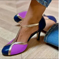 Women's round toe high heels with button fastening in light blue pink colour showing side profile
