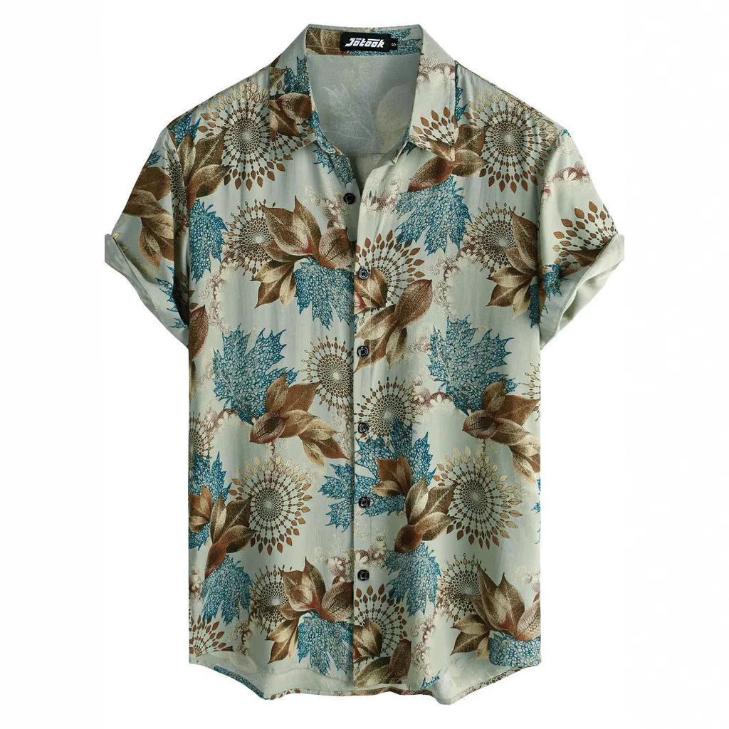 Hawaiian printing lapel short sleeve shirt with floral pattern and cardigan style