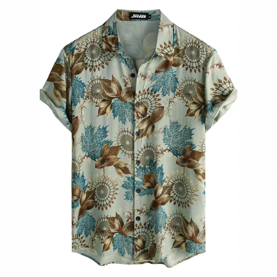 Hawaiian printing lapel short sleeve shirt with floral pattern and cardigan style