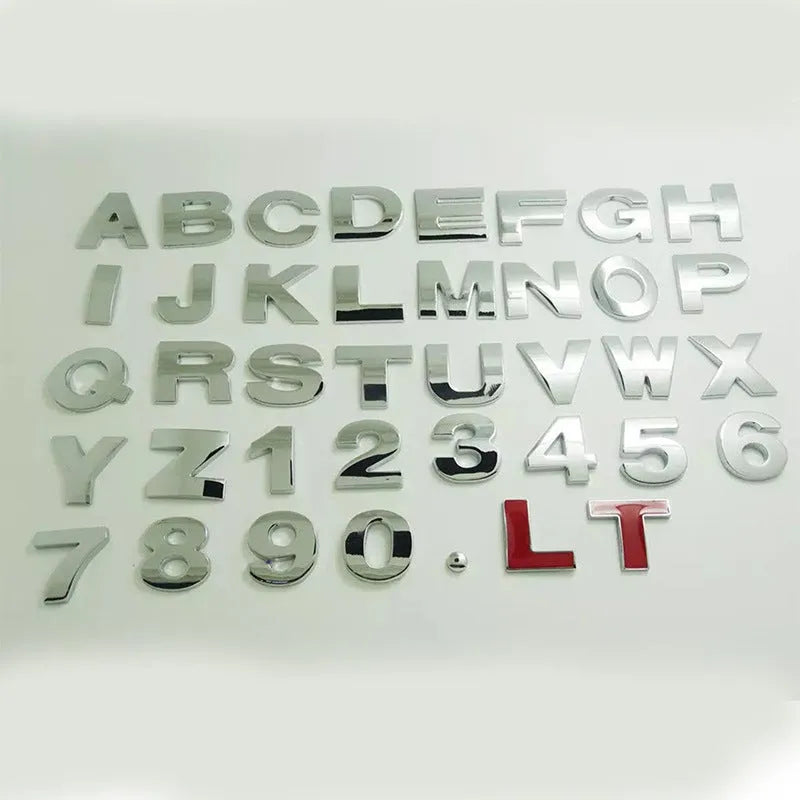 3D metal car bumper sticker showing raised zinc alloy English letter on adhesive backing