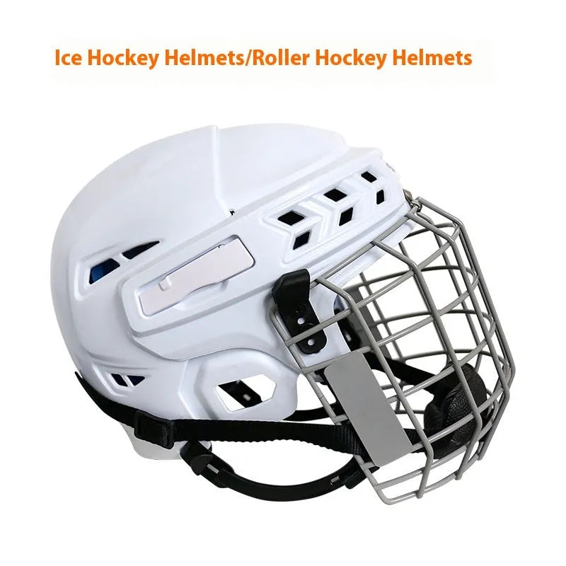 White ice hockey helmet with a black carbon steel face mask and cushioned interior lining.