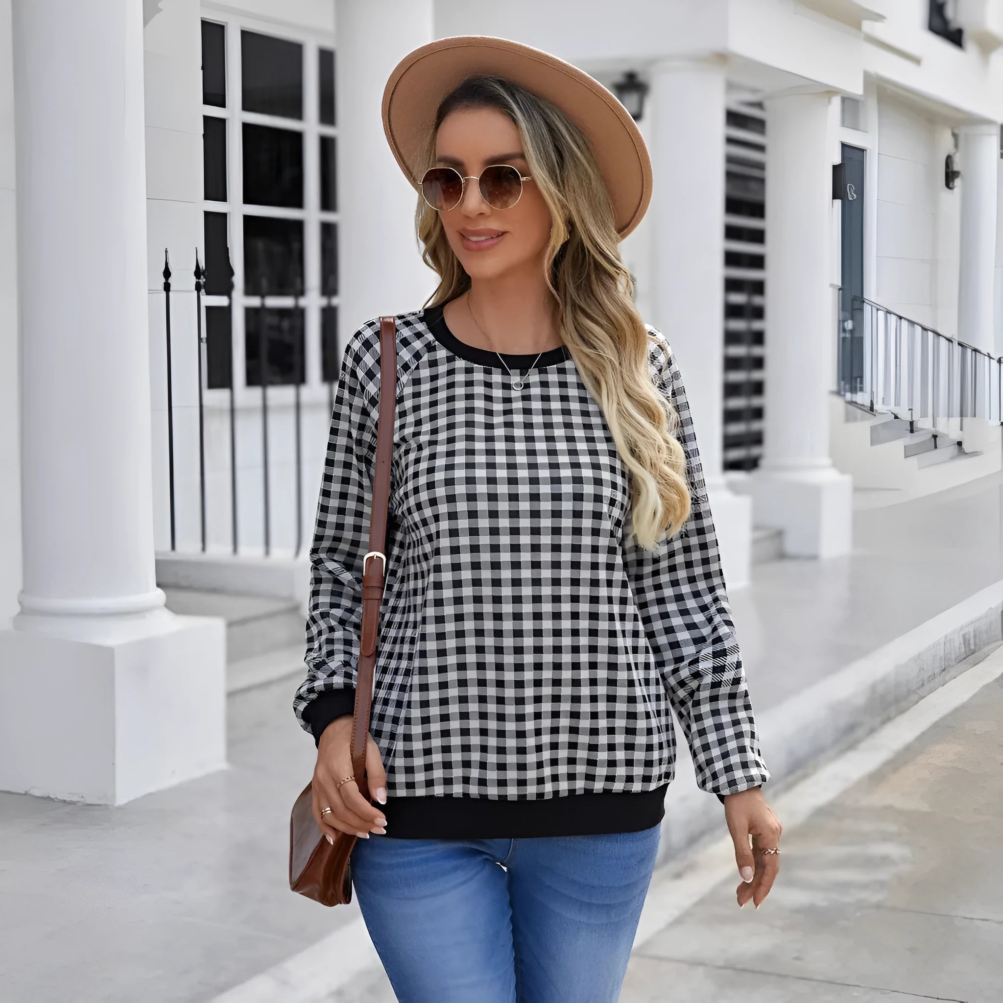 Black Japanese sweet plaid stripe pullover sweater with long sleeves and printing accents