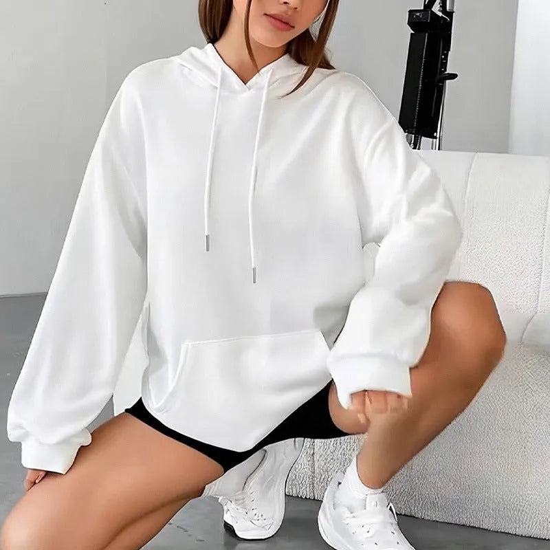 Women's loose grey drawstring hood sweatshirt with front pocket, long sleeves