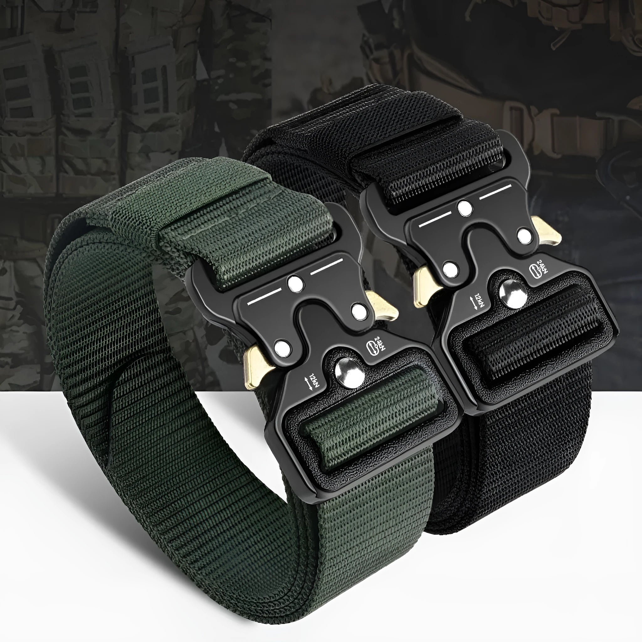 Men's tactical canvas belt with alloy release buckle in five colour options showing 120cm length