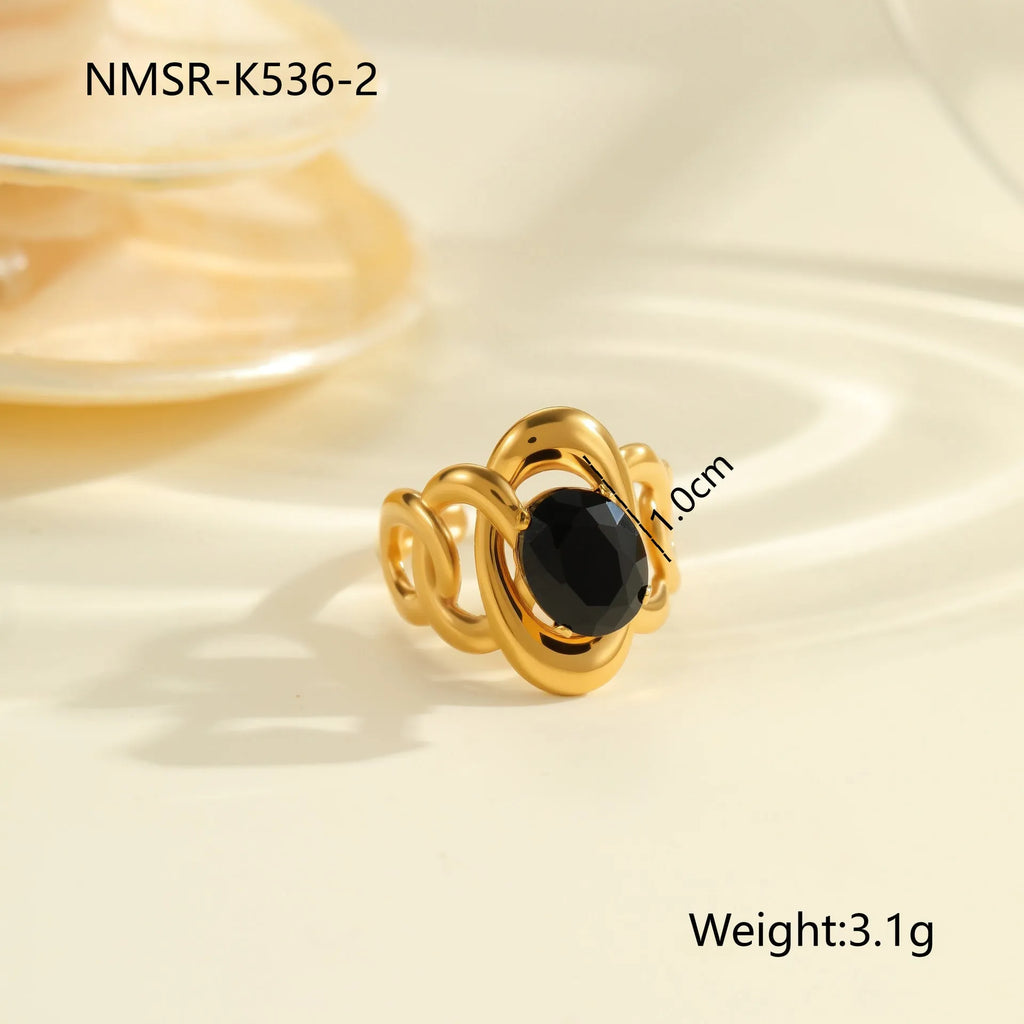 Geometric titanium steel ring with zircon stones and open adjustable band