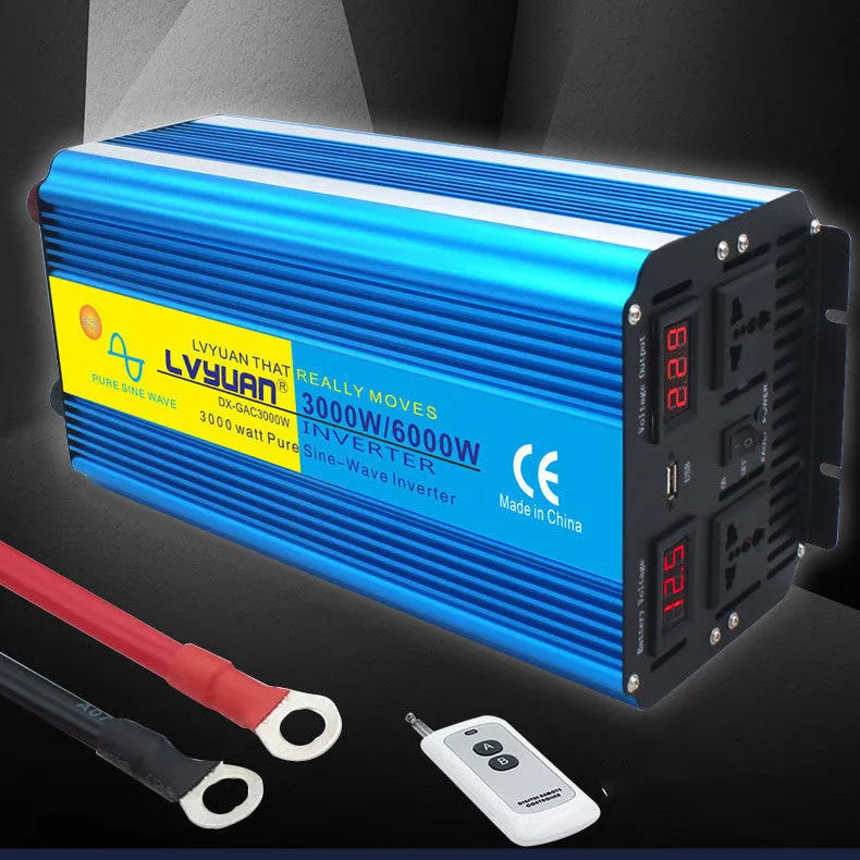 Blue car power inverter with digital displays and UK sockets for 12V to 220V conversion