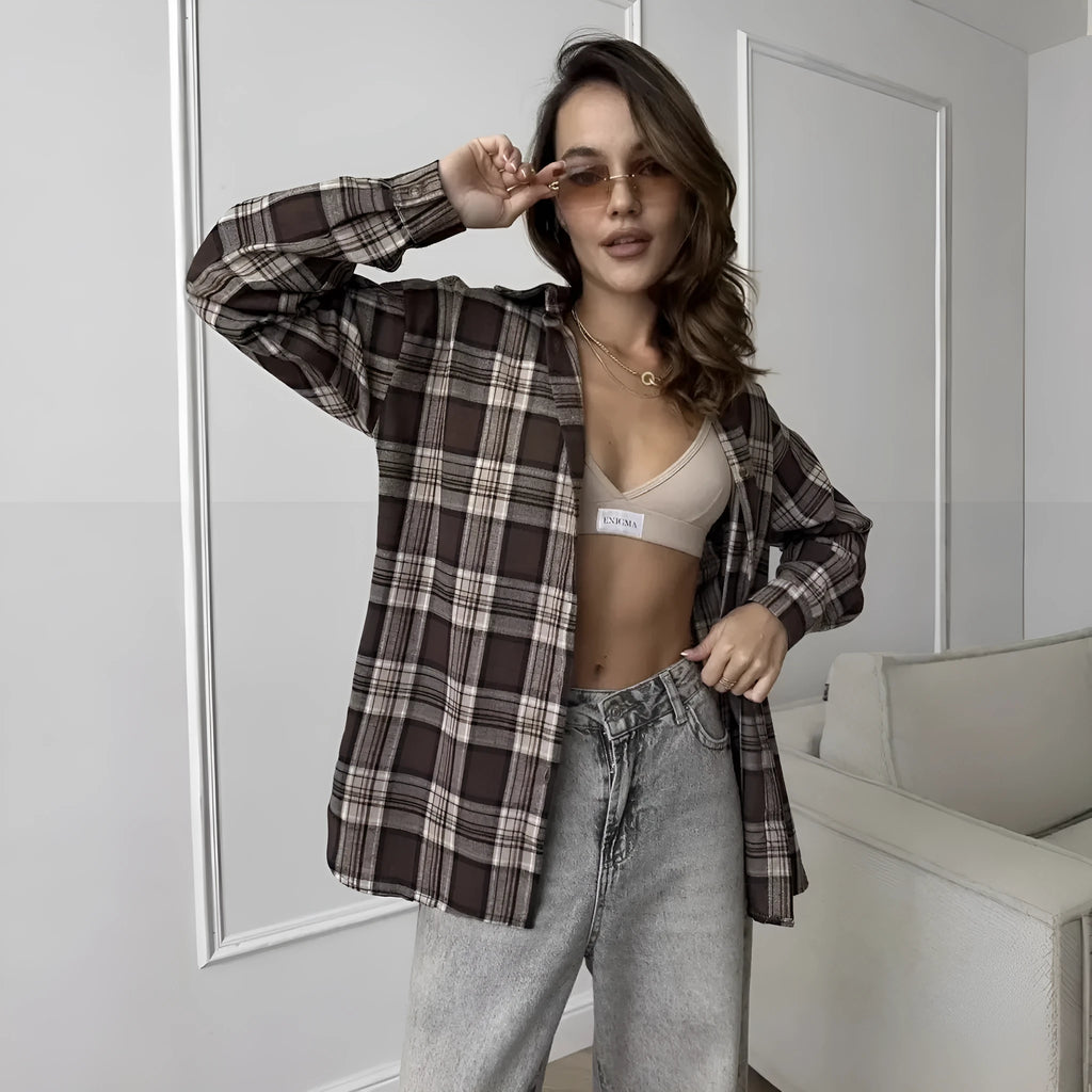 Women's dark brown striped long sleeve shirt with retro styling and cotton fabric
