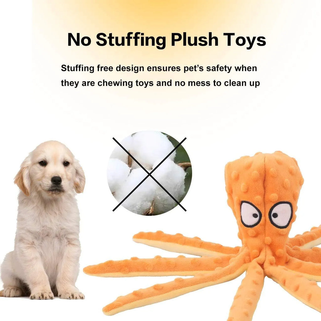 Blue, green, orange, and purple octopus-shaped dog squeaky toys with no stuffing on a white background.