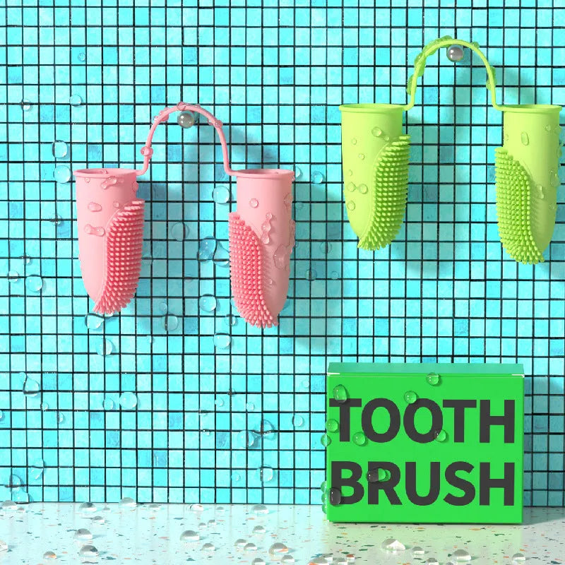 TPR pet dental cleaning finger set in pink, blue green, and yellow for dog and cat teeth.