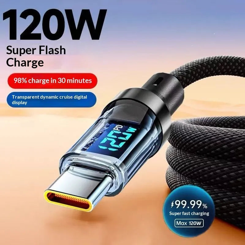 Smart digital display Type-C cable 240W super fast charging black nylon braided 1m 2m