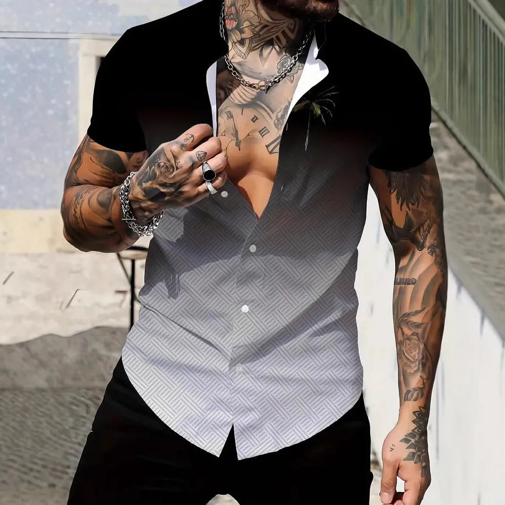 Men's geometric line pattern print shirt with lapel collar and short sleeves in slim fit
