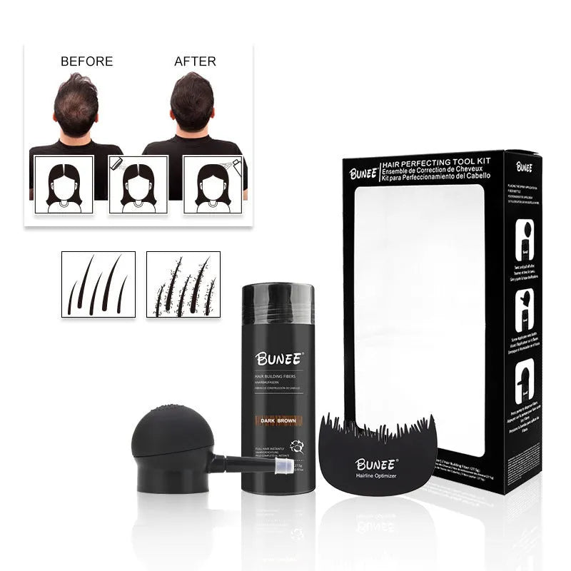 Boxed dense hair fibre powder three-piece set for thinning hair in multiple colours.