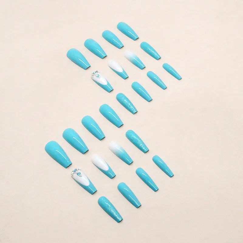 Long ballet artificial nails in solid smart blue diamond colour with adhesive glue