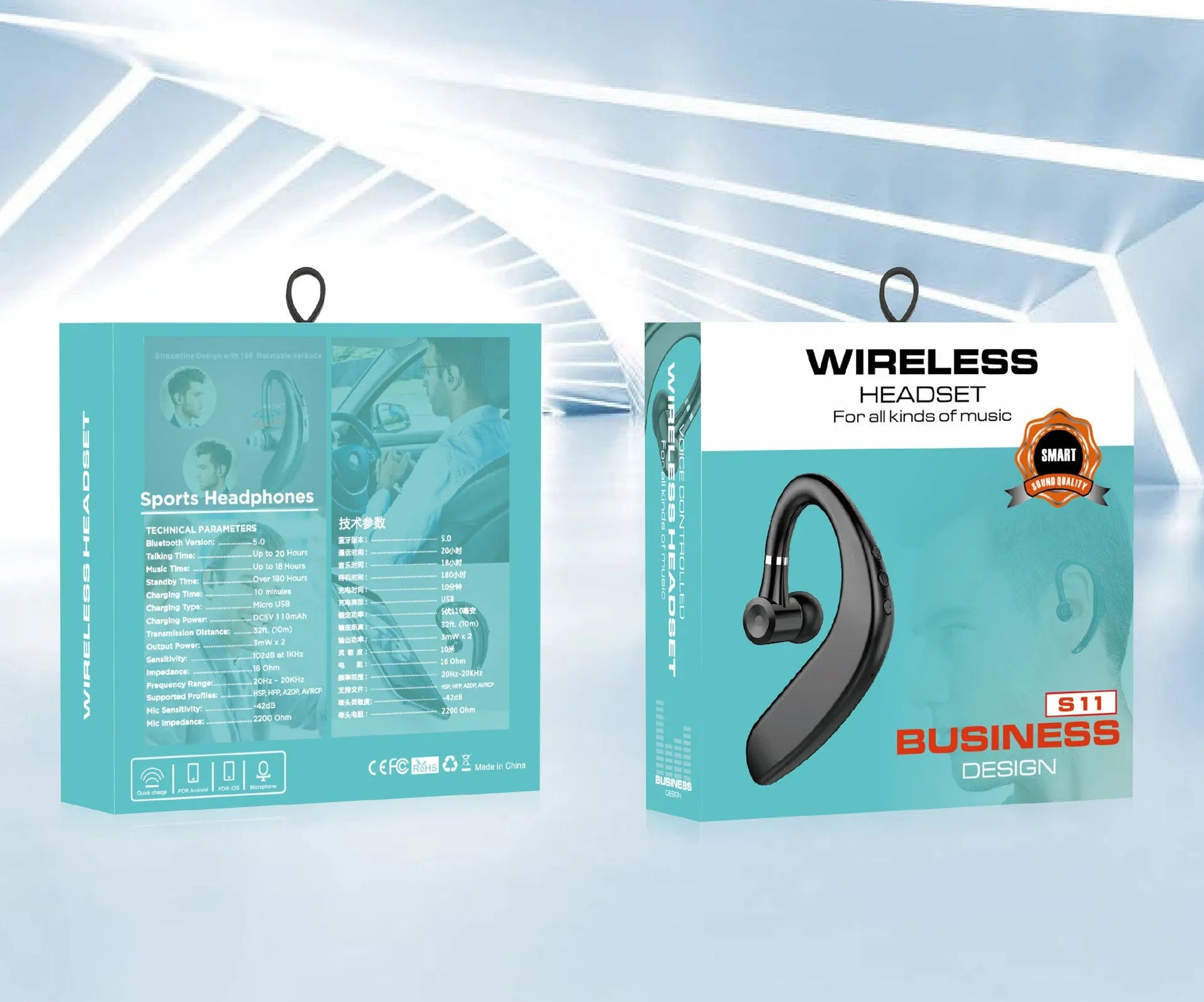 Black or blue wireless Bluetooth unilateral in-ear headset with rotatable earpiece