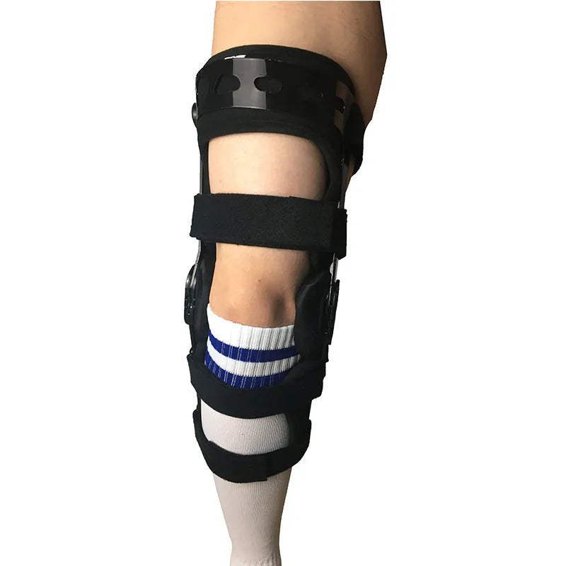Black anterior ligament knee support brace with visible hinges, shown in various size options.