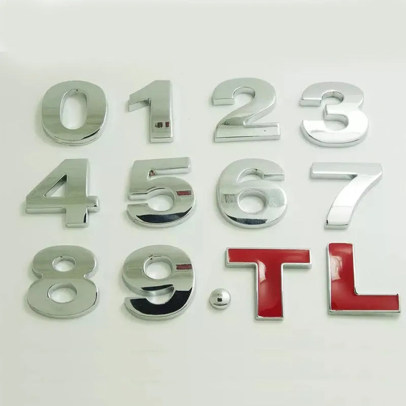 3D metal car bumper sticker showing raised zinc alloy English letter on adhesive backing
