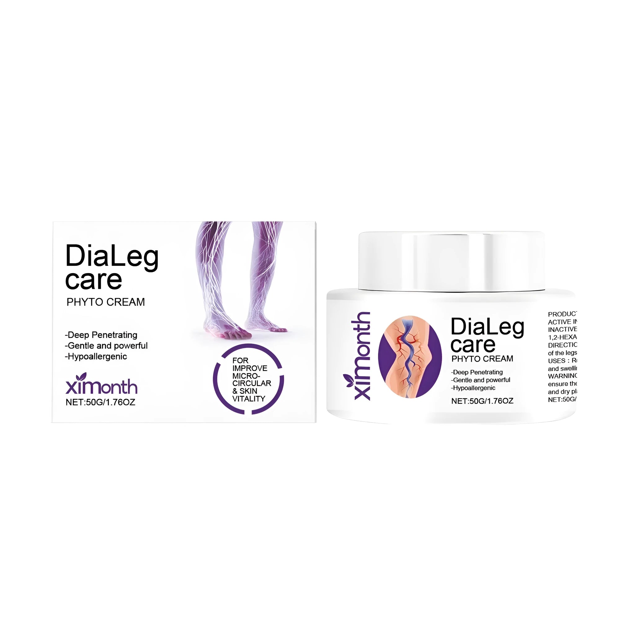 50g tube of varicose vein nursing cream with mint leaves and shea butter on a white background.