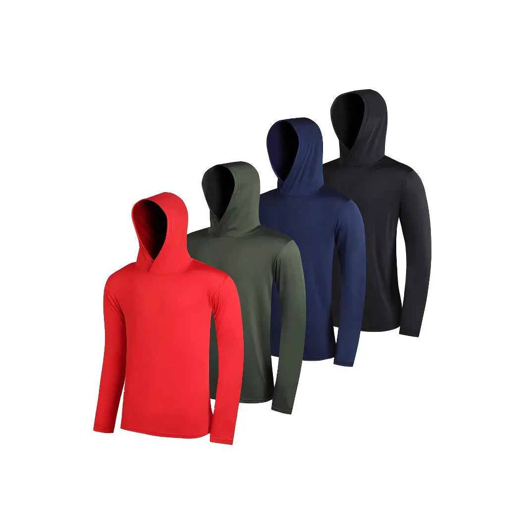 Four men's lightweight hoodies in different colours showing elastic polyester fibre fabric and hooded design