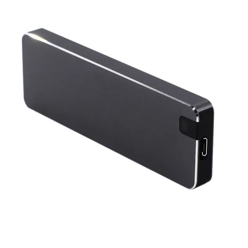 White metal portable SSD hard drive with USB cable showing compact 3.2cm design