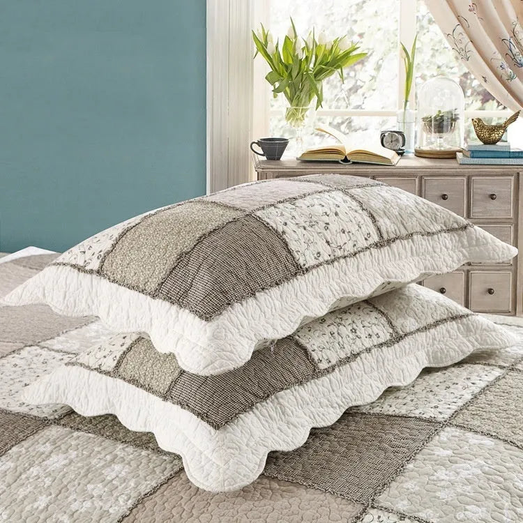 Washed pure cotton quilted three-piece bed set showing bedspread and pillowcases in a chosen colour pattern.