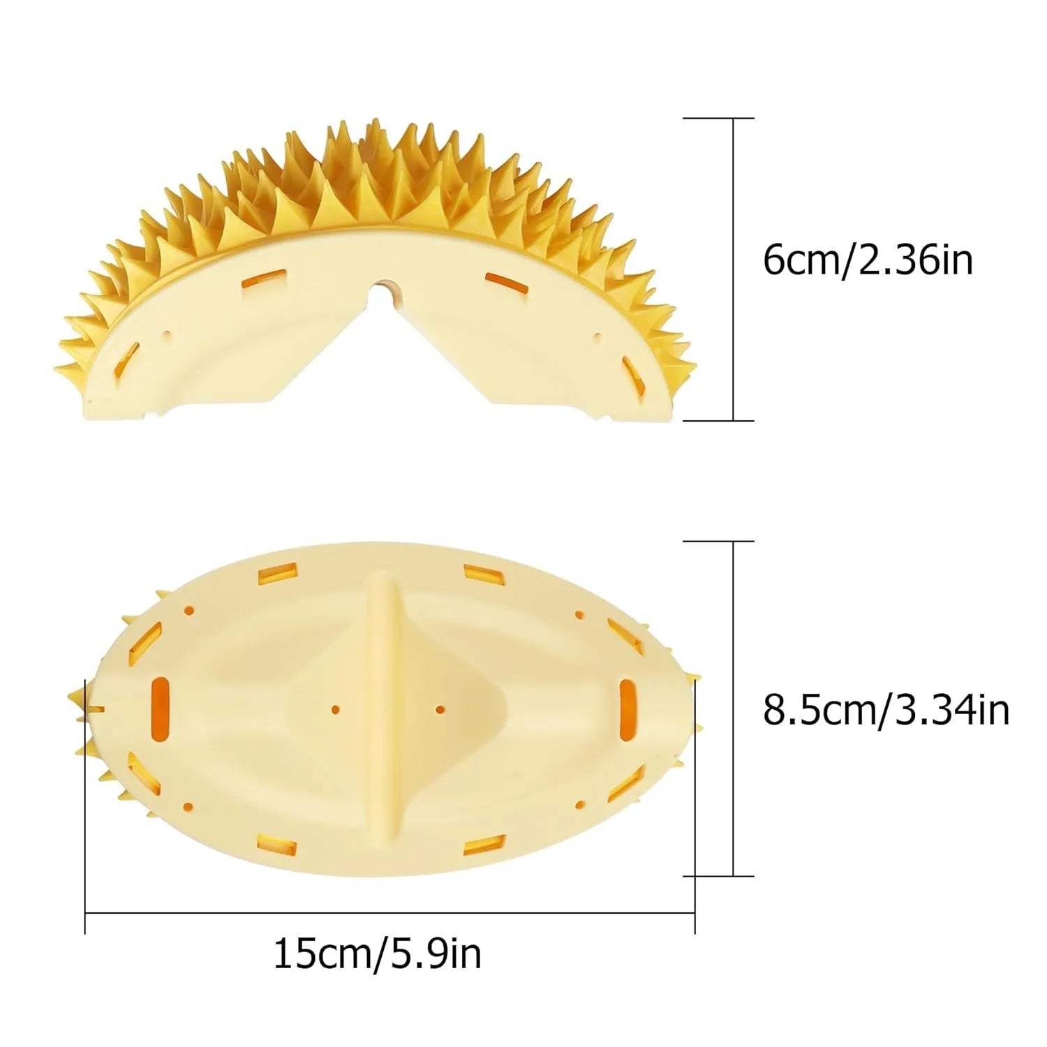 Yellow durian-shaped cat corner scratcher mounted on wall with cat mint powder