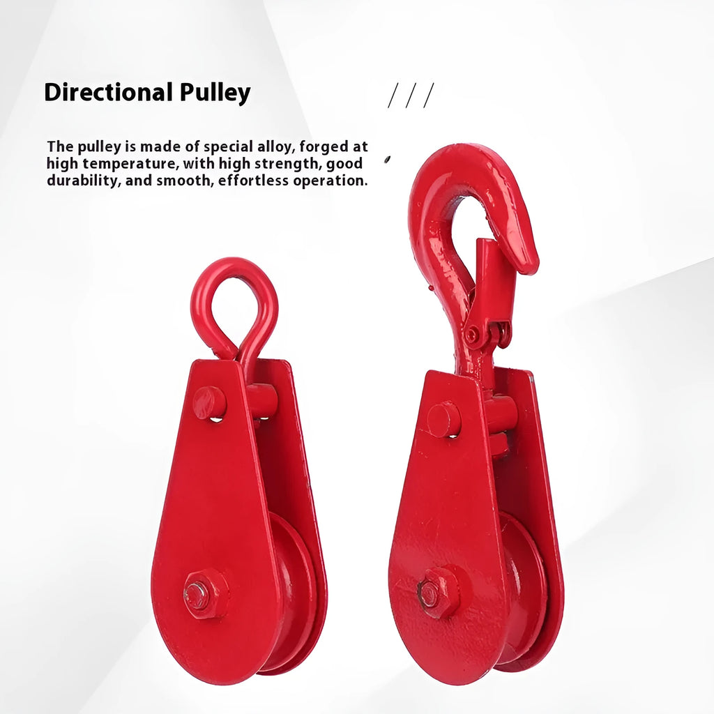 Red industrial steel lifting pulley with a forged hook and safety latch for wire rope.