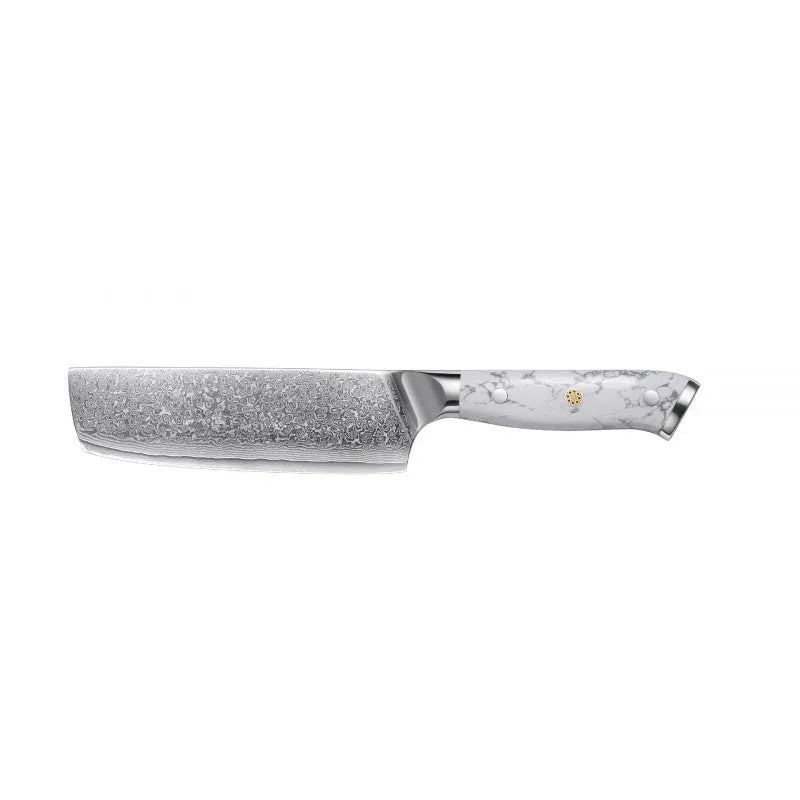 Damascus pattern chef's knife with 21cm VG10 steel blade and 11cm handle on a kitchen counter.