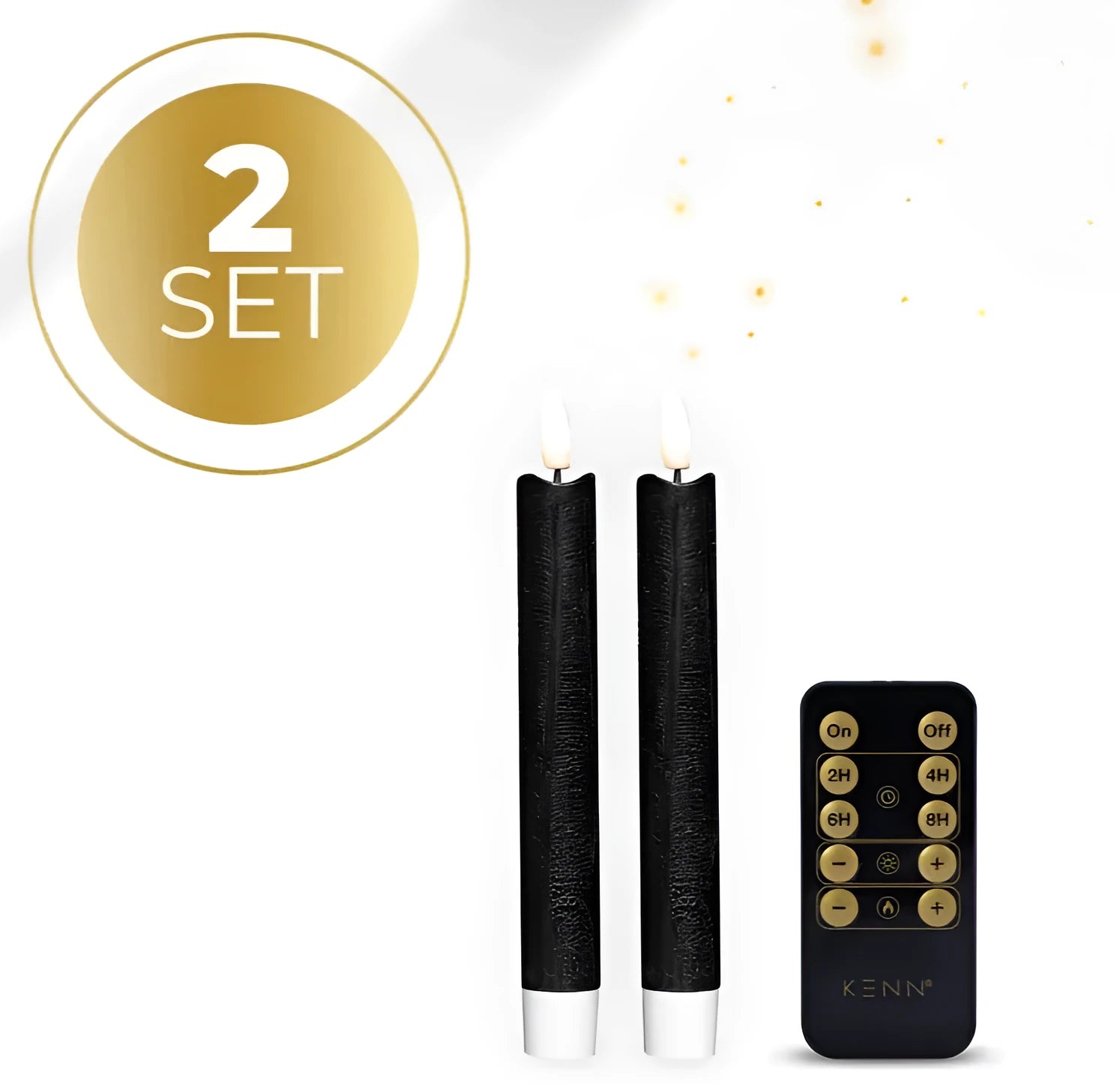 Black 18cm tall LED taper candle with realistic 3D flame effect