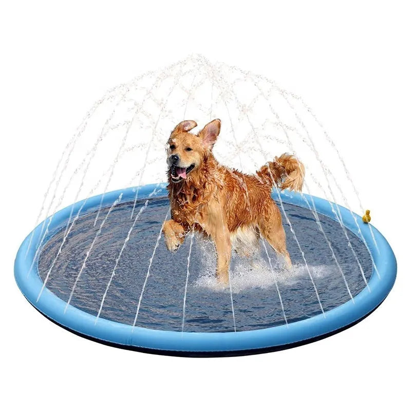 Large blue anti-slip dog splash pad filled with water in a garden, with a dog playing on it.