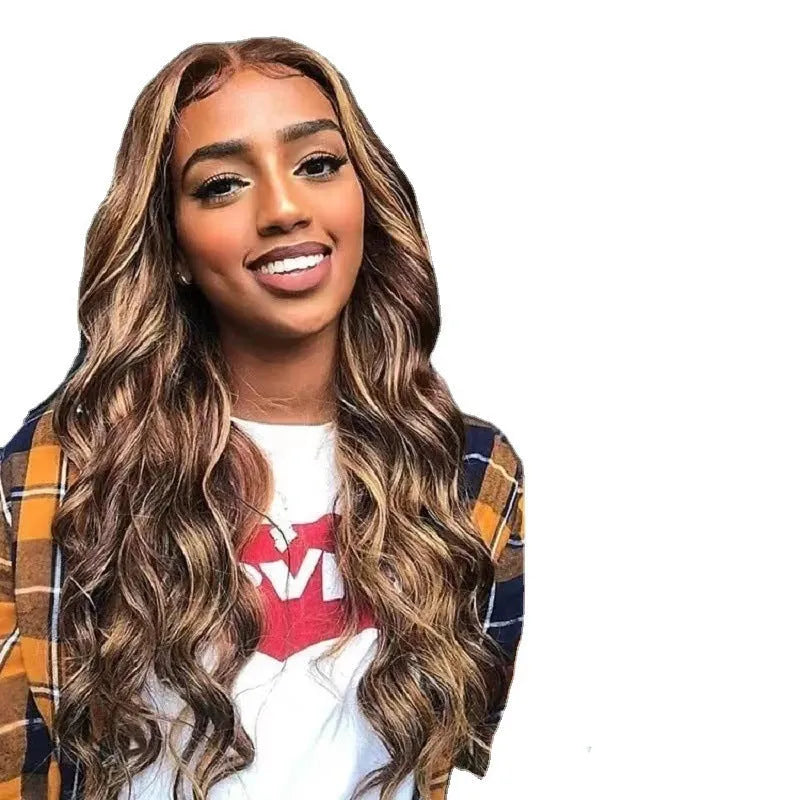 Long curly big wave front lace wig in black gradient colour on a stand, showing side bangs.