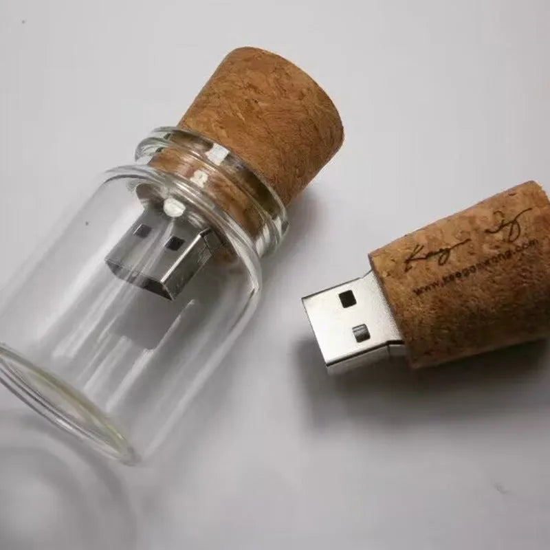 Wooden wish drift bottle USB flash drive with transparent housing showing decorative interior