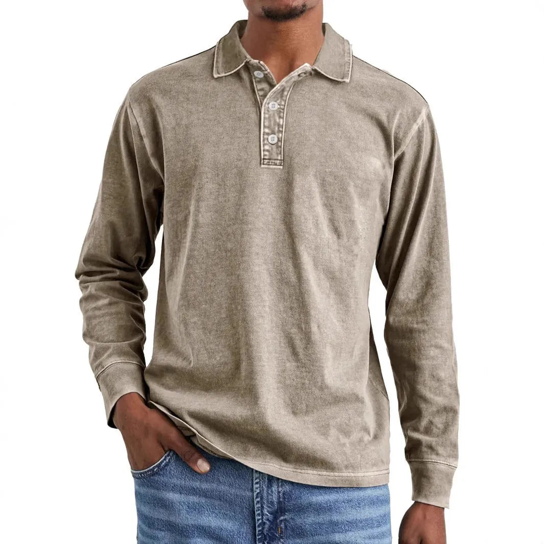 Retro washed distressed pure cotton long sleeve polo shirt with lapel collar, shown in Army Green.