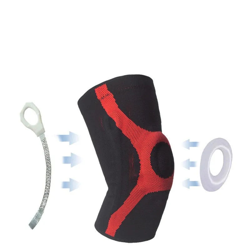 Red and grey silicone non-slip sports knee pads for running and climbing.