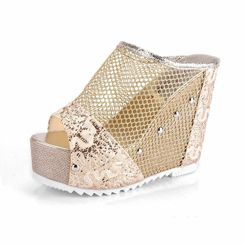 Korean platform sandals with hollowed-out heel, chunky waterproof sole, and lace-up mesh upper in black colour