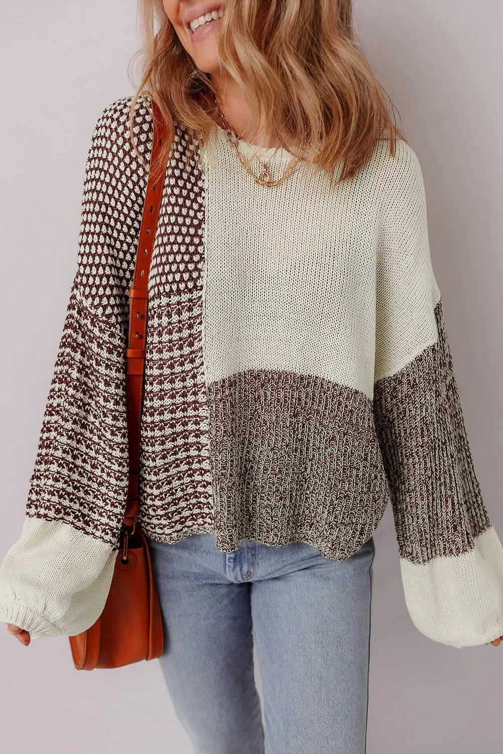 Dark khaki colour block women's sweater with drop shoulders and back tie detail