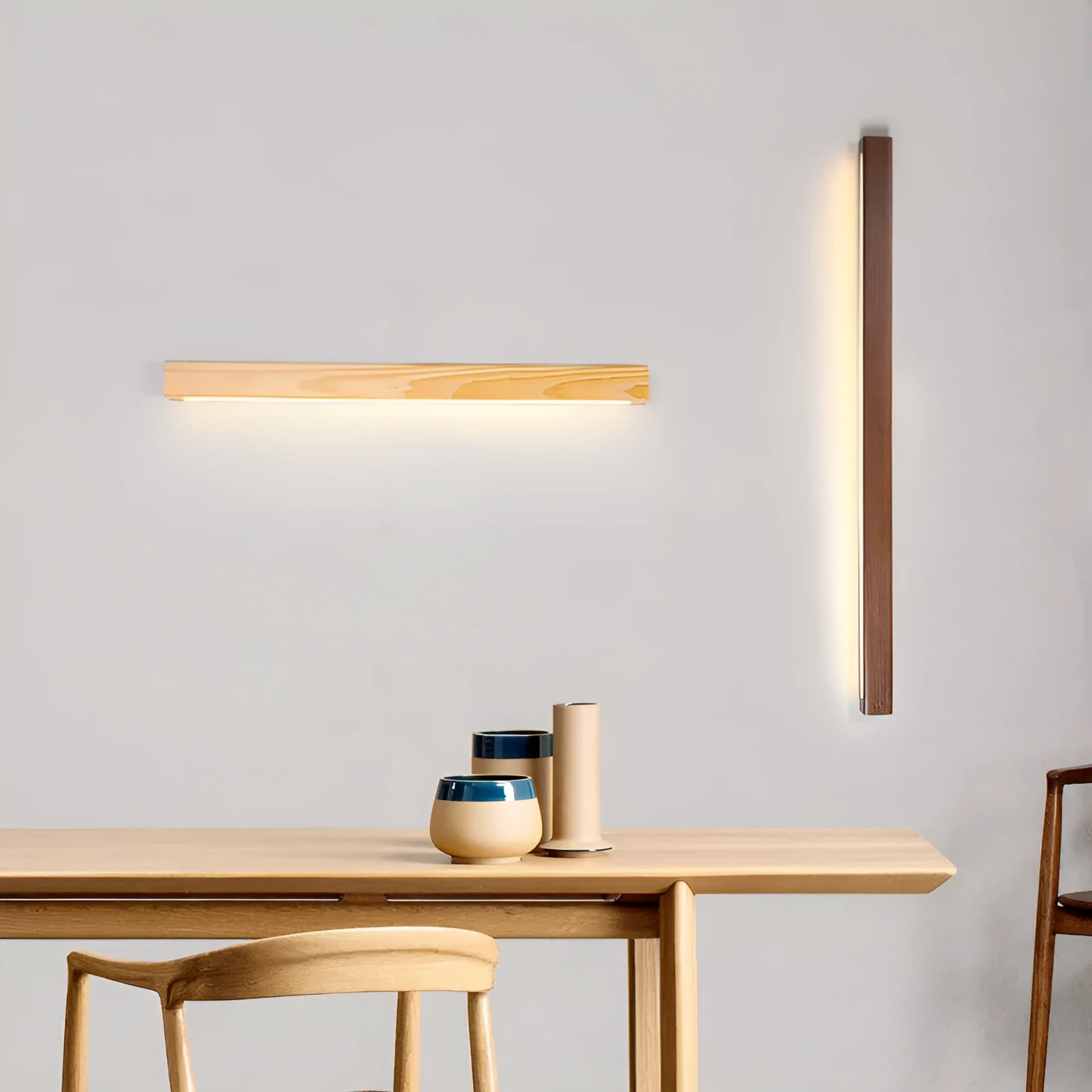Walnut colour linear wood and acrylic wall lamp in three lengths with minimalist square profile